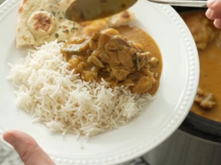 Slow cooker creamy ghee korma chicken thighs in golden turmeric sauce