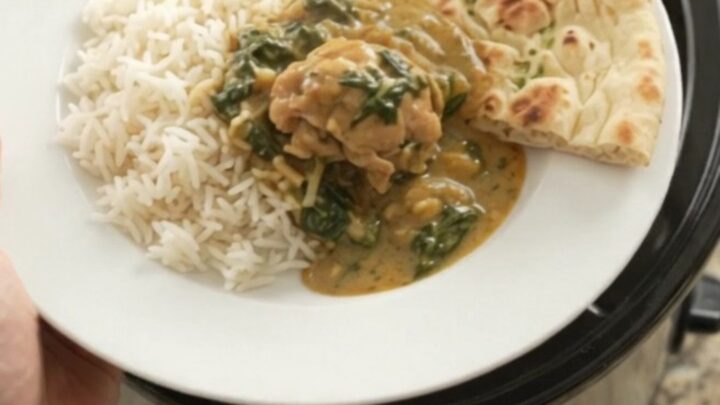 Slow cooker coconut spinach saag chicken thighs in a black crockpot, creamy green sauce with shredded chicken