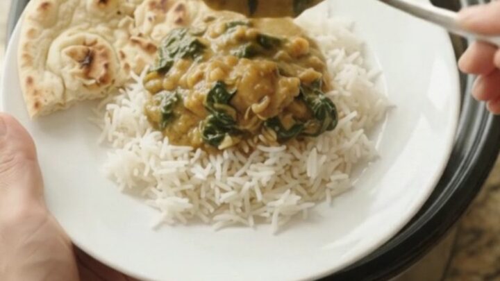 Slow cooker full of creamy green saag chicken with tender thighs and bubbling sauce