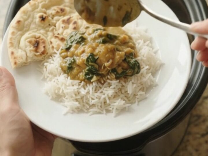 Slow cooker full of creamy green saag chicken with tender thighs and bubbling sauce