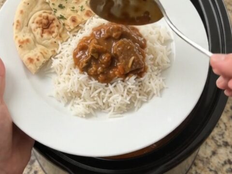Bubbling slow cooker lamb tikka masala with coconut cream and cilantro