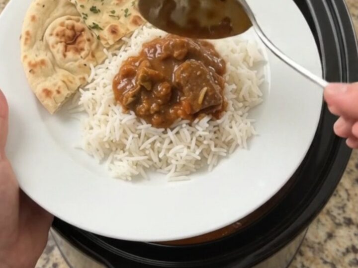 Bubbling slow cooker lamb tikka masala with coconut cream and cilantro