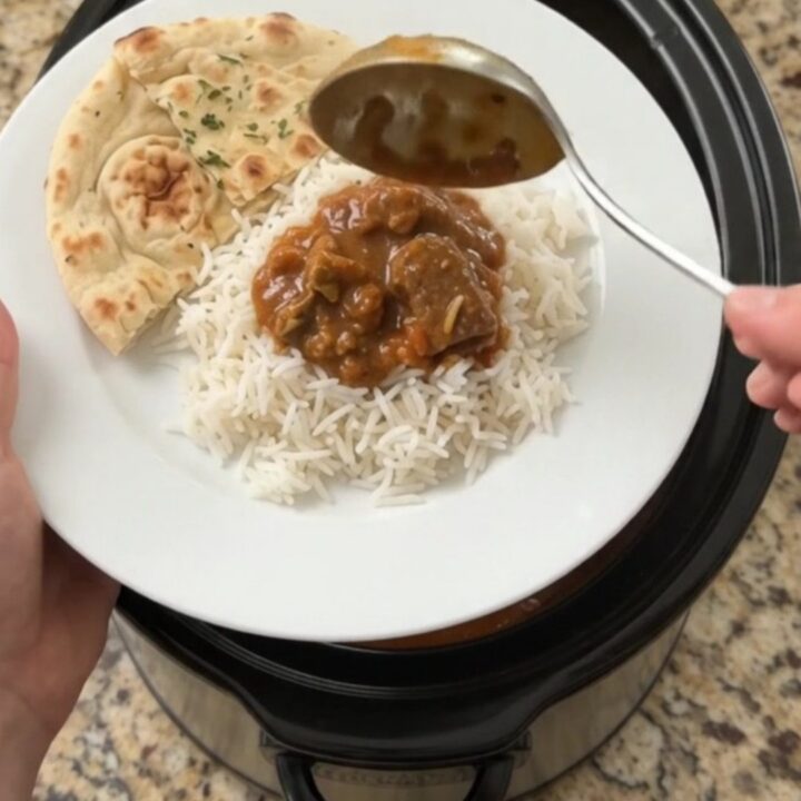 Bubbling slow cooker lamb tikka masala with coconut cream and cilantro