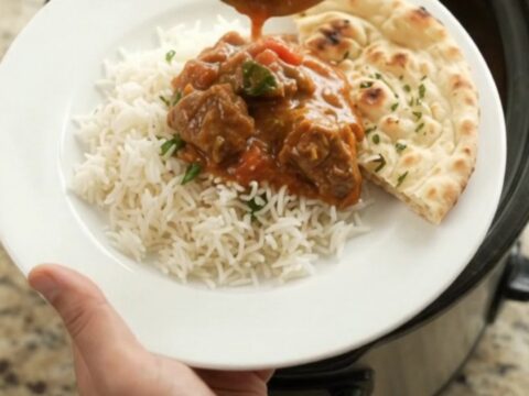 Slow cooker creamy ghee tikka masala lamb cubes in a black Crockpot, topped with a spoonful of sauce.