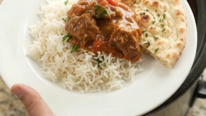 Slow cooker creamy ghee tikka masala lamb cubes in a black Crockpot, topped with a spoonful of sauce.