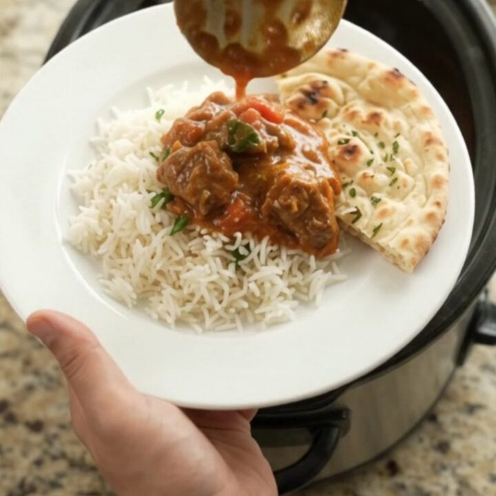 Slow cooker creamy ghee tikka masala lamb cubes in a black Crockpot, topped with a spoonful of sauce.
