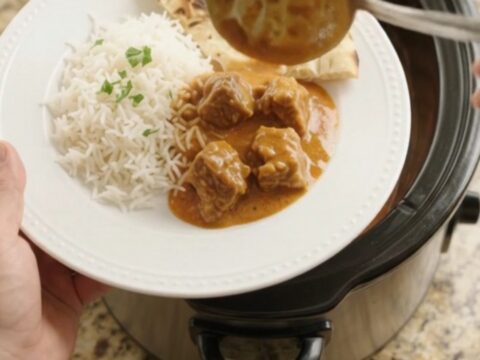 Tender lamb cubes in a rich orange-red coconut makhani sauce, garnished with fresh cilantro, in a slow cooker.
