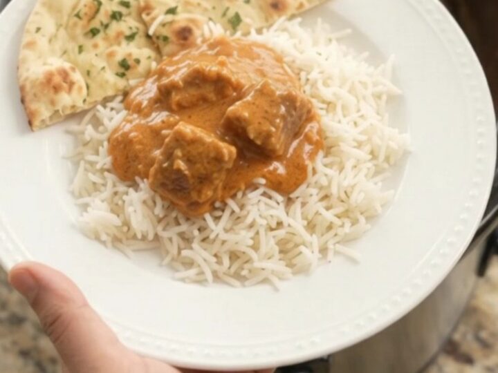 Slow cooker filled with creamy makhani lamb curry, garnished with a swirl of cream