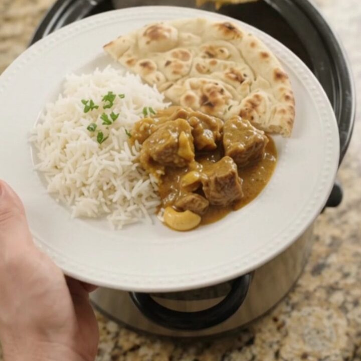 Slow cooker lamb korma in a black crockpot, garnished with fresh cilantro