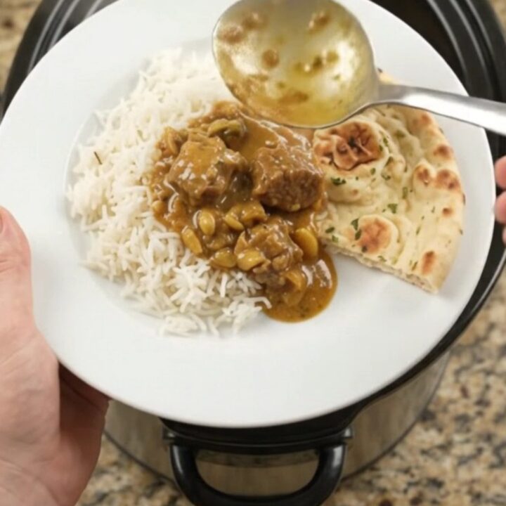 Slow cooker garlic butter golden korma lamb cubes in a black ceramic pot with sauce
