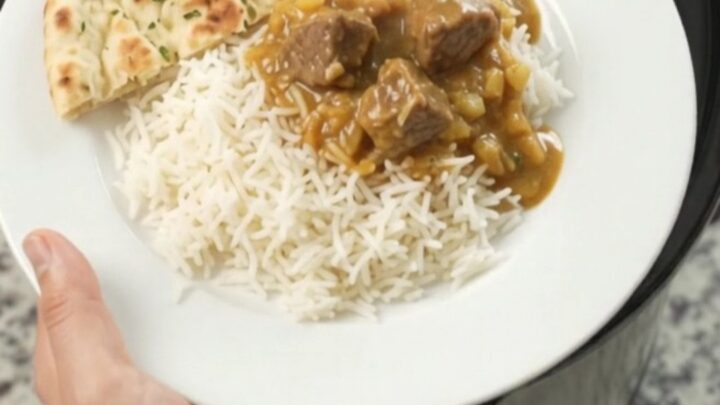 Golden korma lamb cubes in a slow cooker with creamy sauce