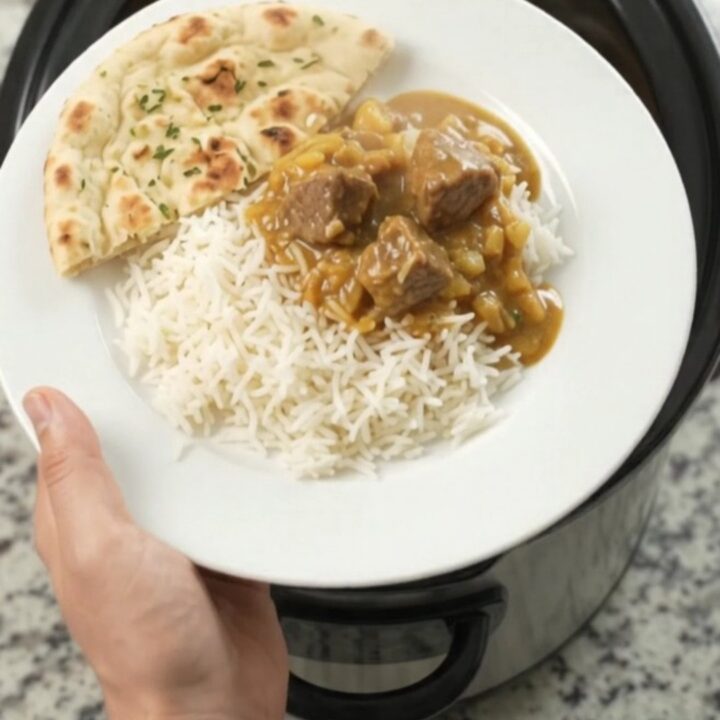 Golden korma lamb cubes in a slow cooker with creamy sauce