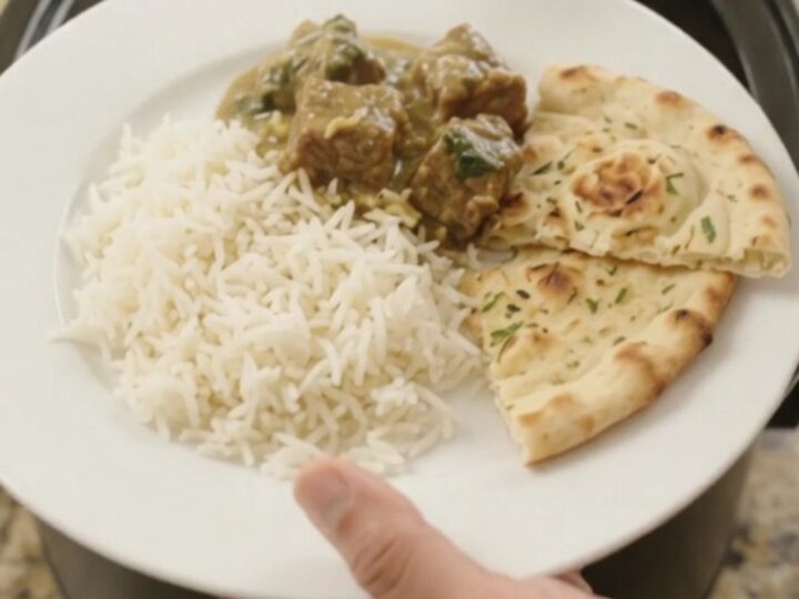 Slow cooker lamb saag with creamy spinach sauce and tender lamb cubes in a black crockpot