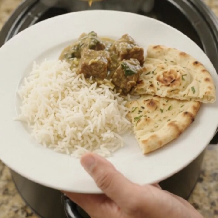 Slow cooker lamb saag with creamy spinach sauce and tender lamb cubes in a black crockpot