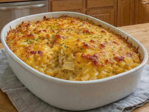 A warm, steaming chicken and rice casserole in an oval baking dish with a golden-brown cheesy crust.