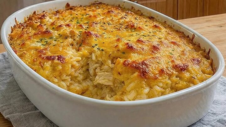 A warm, steaming chicken and rice casserole in an oval baking dish with a golden-brown cheesy crust.