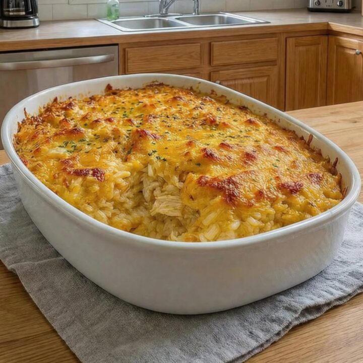 A warm, steaming chicken and rice casserole in an oval baking dish with a golden-brown cheesy crust.