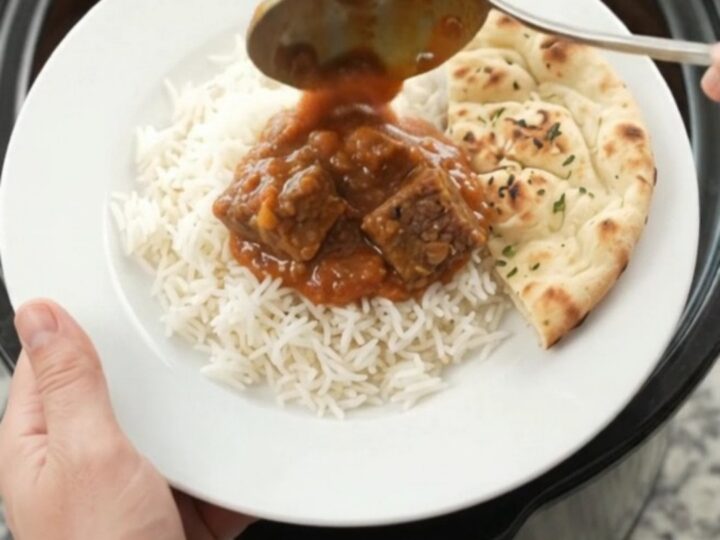 Slow cooker full of tikka masala beef brisket with creamy red sauce