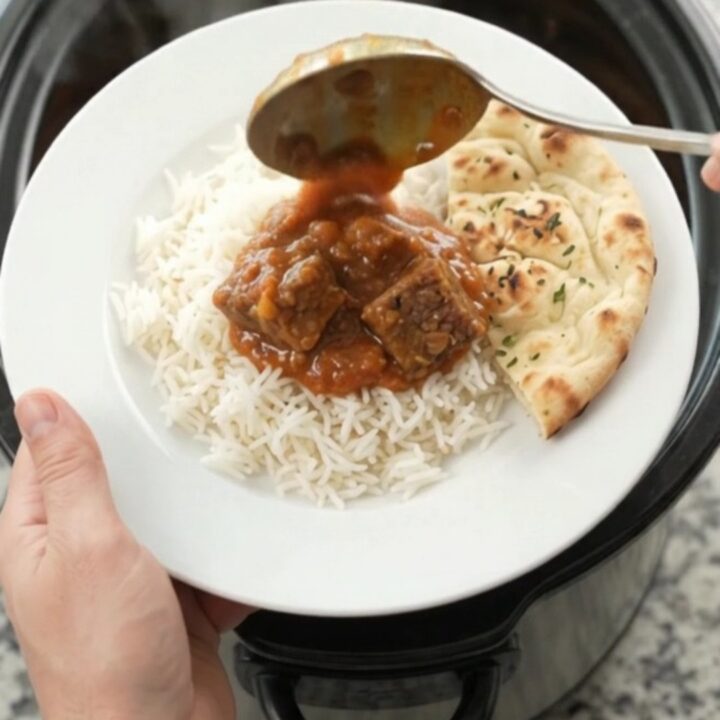 Slow cooker full of tikka masala beef brisket with creamy red sauce