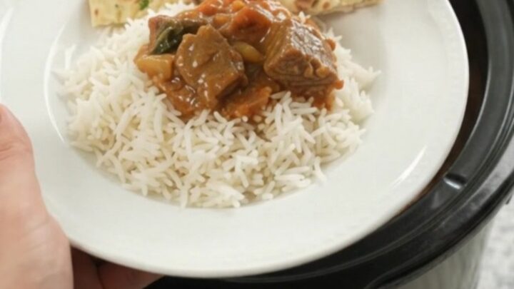 Slow cooker red curry beef brisket with coconut cream, bamboo shoots, and red bell pepper