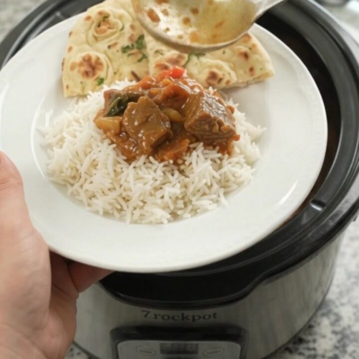 Slow cooker red curry beef brisket with coconut cream, bamboo shoots, and red bell pepper