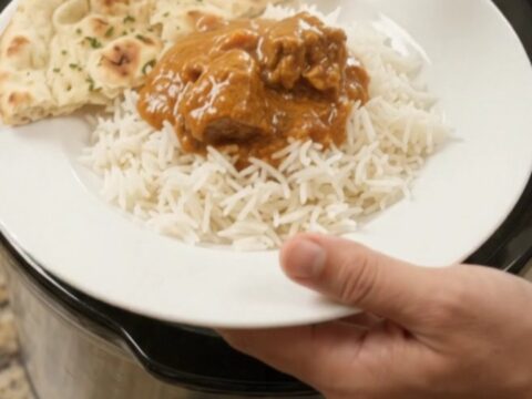 Slow cooker creamy ghee makhani masala beef brisket in a black ceramic crock, topped with cream