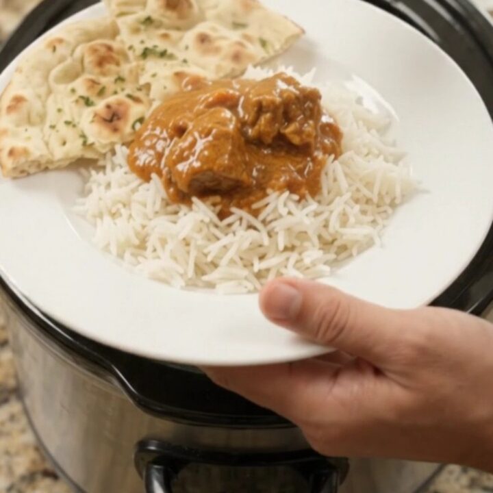 Slow cooker creamy ghee makhani masala beef brisket in a black ceramic crock, topped with cream