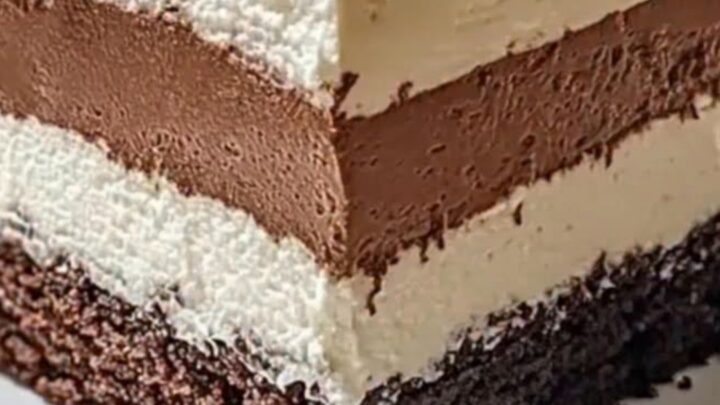 A slice of decadent three-layer chocolate mousse slab cake showing distinct layers of sponge, mousse, and cream.