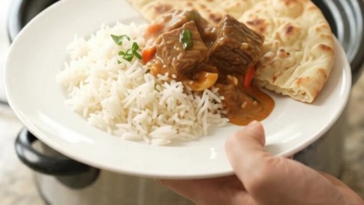 Slow cooker red curry beef brisket with creamy sauce and peppers