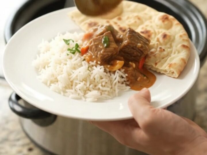 Slow cooker red curry beef brisket with creamy sauce and peppers