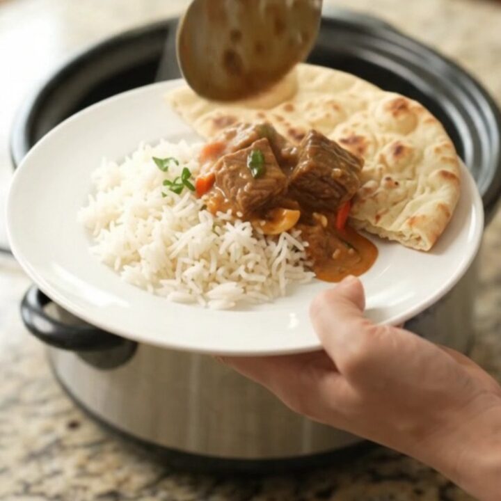 Slow cooker red curry beef brisket with creamy sauce and peppers