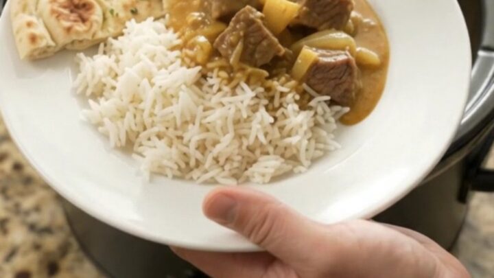 Golden coconut korma beef brisket in a slow cooker, garnished with cilantro