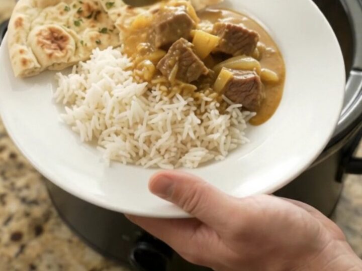 Golden coconut korma beef brisket in a slow cooker, garnished with cilantro