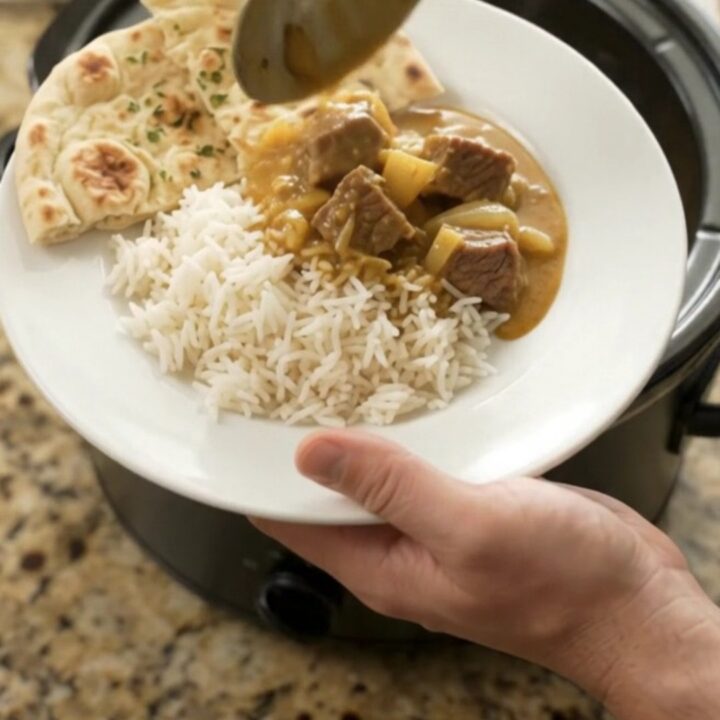 Golden coconut korma beef brisket in a slow cooker, garnished with cilantro