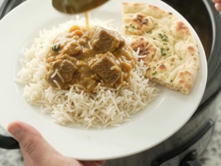 Creamy golden korma beef brisket in a black slow cooker, topped with a swirl of cream and ghee, with steam rising.