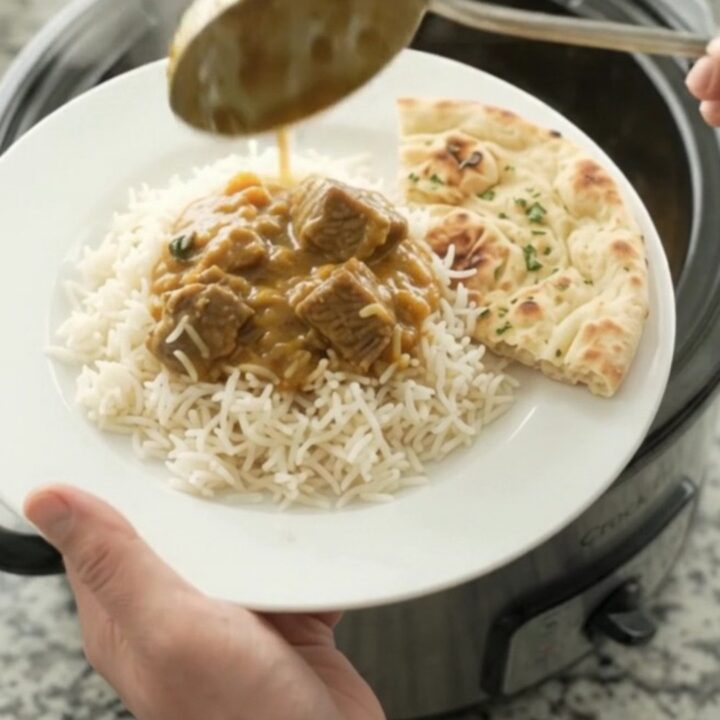 Creamy golden korma beef brisket in a black slow cooker, topped with a swirl of cream and ghee, with steam rising.