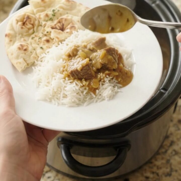 Golden korma beef brisket in a slow cooker, topped with cashew cream and butter pats.