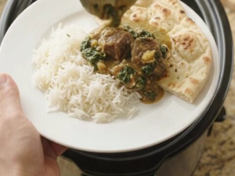 Slow cooker filled with creamy spinach saag and tender beef brisket, topped with a spoonful of sauce.