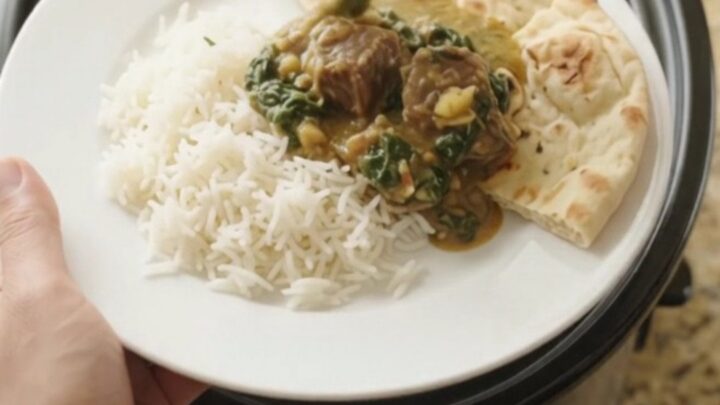 Slow cooker filled with creamy spinach saag and tender beef brisket, topped with a spoonful of sauce.