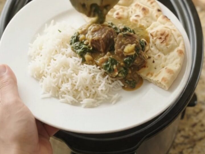 Slow cooker filled with creamy spinach saag and tender beef brisket, topped with a spoonful of sauce.