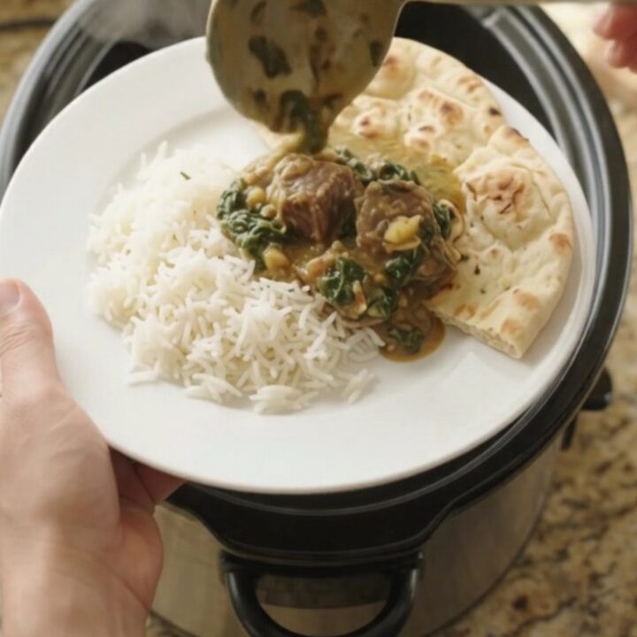 Slow cooker filled with creamy spinach saag and tender beef brisket, topped with a spoonful of sauce.