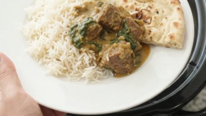 Slow cooker beef brisket saag in a black crockpot, creamy spinach curry with tender beef cubes