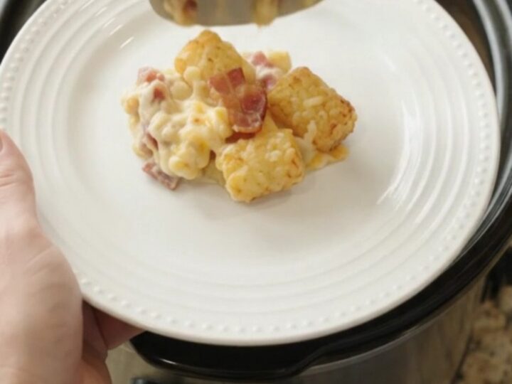 Golden tater tots and melted cheese in a slow cooker, topped with bacon and creamy sauce.