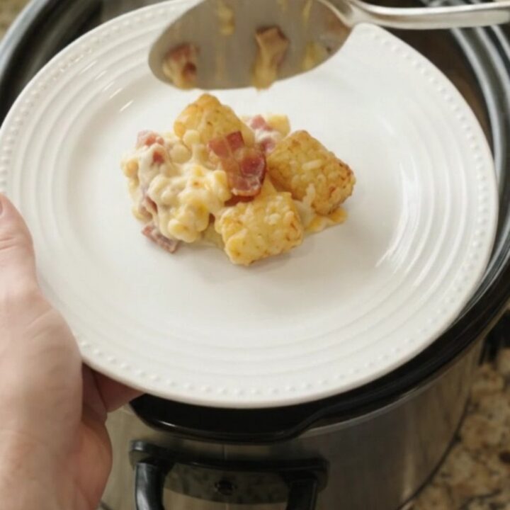 Golden tater tots and melted cheese in a slow cooker, topped with bacon and creamy sauce.