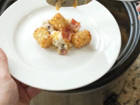 Slow cooker tater tot casserole with bacon, ranch, and melted cheese
