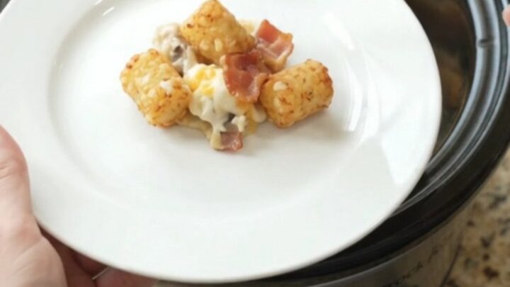 Slow cooker tater tot casserole with bacon, ranch, and melted cheese