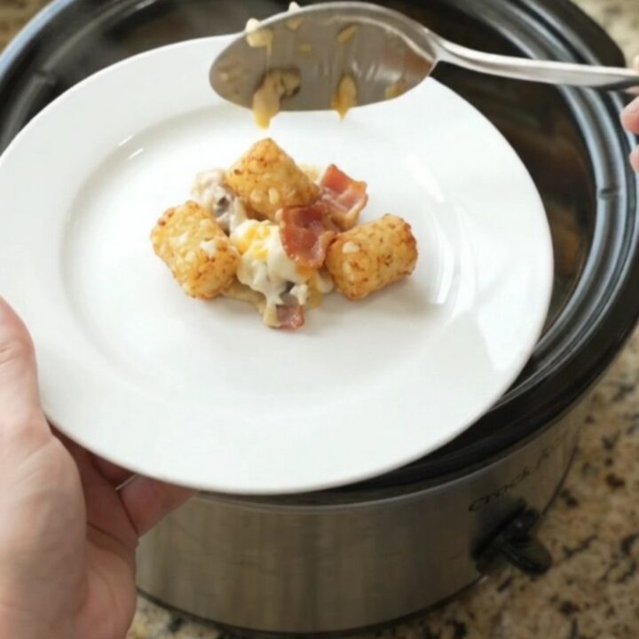 Slow cooker tater tot casserole with bacon, ranch, and melted cheese