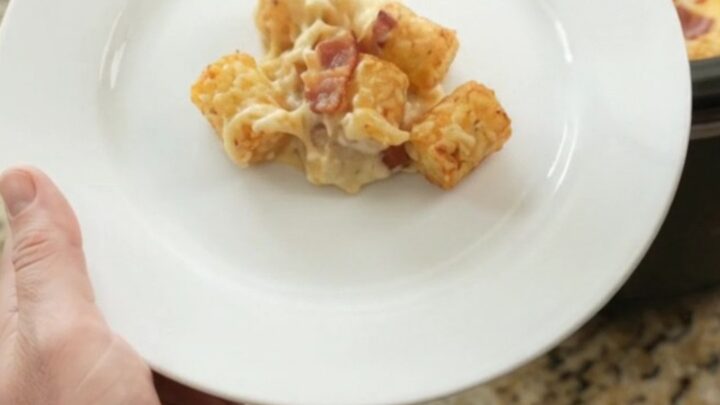 Slow cooker tater tot bake with melted cheese and bacon