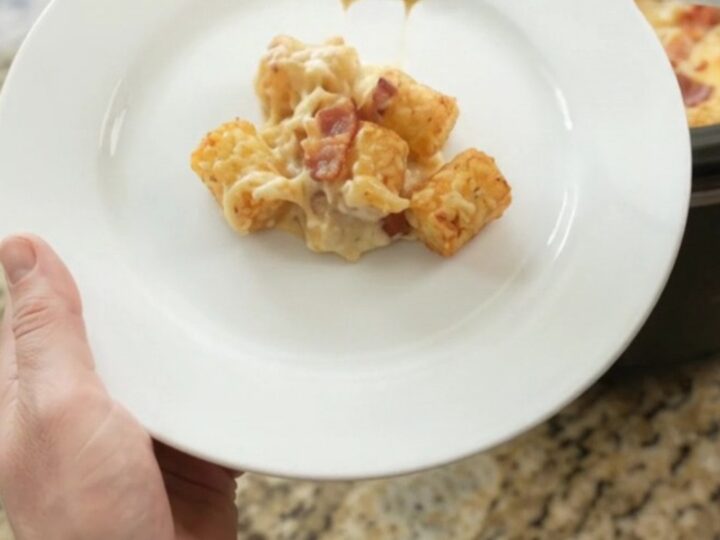 Slow cooker tater tot bake with melted cheese and bacon
