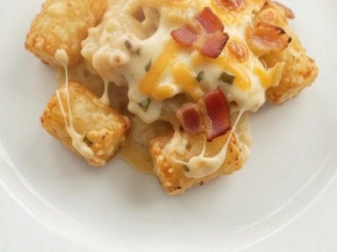 Slow cooker filled with bubbling tater tot bake topped with melted pepper jack and crispy onions